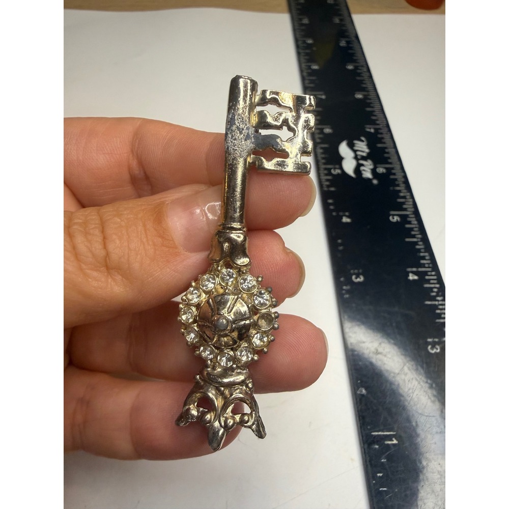 Vintage Silver Tone Rhinestone Skeleton Key Brooch Pin Ornate Crown Detail